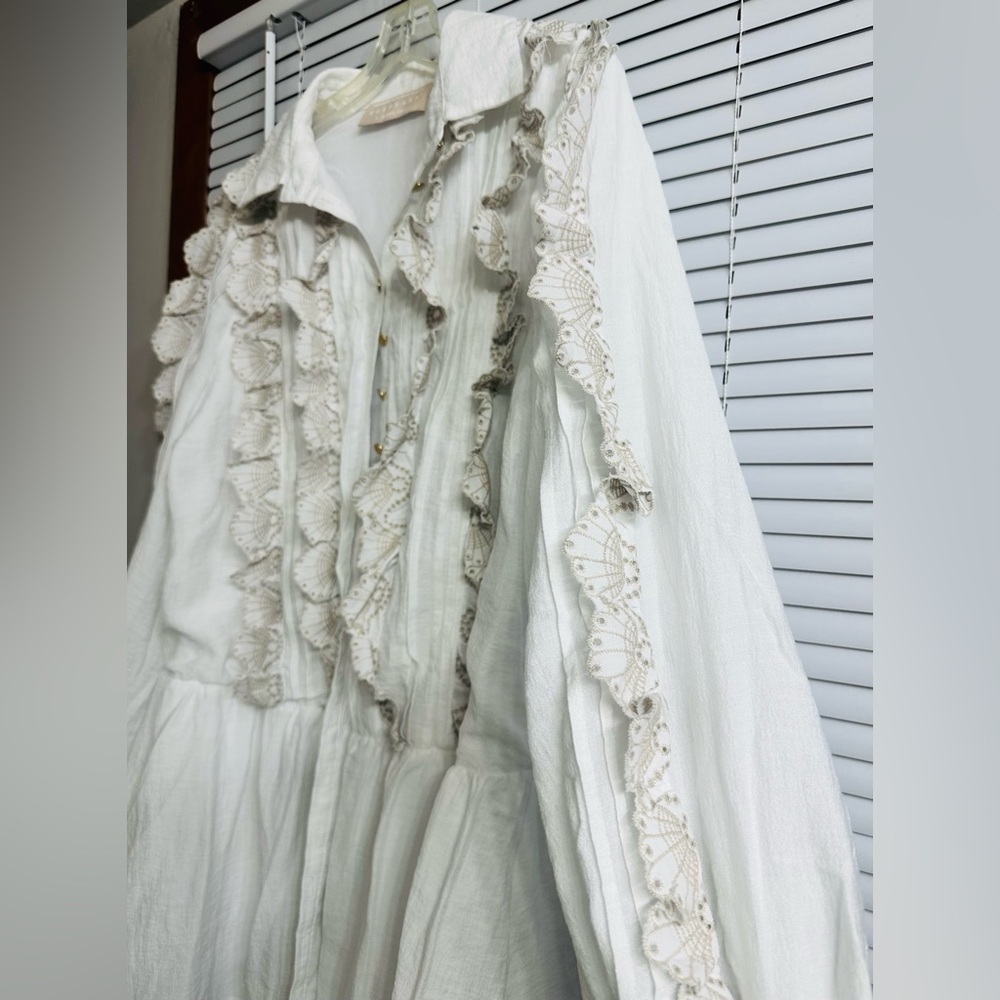 Keepsake the Label White Lace Ruffles Long Puff Sleeves Mini Dress US L-8/UK 12 - Picture 5 of 9